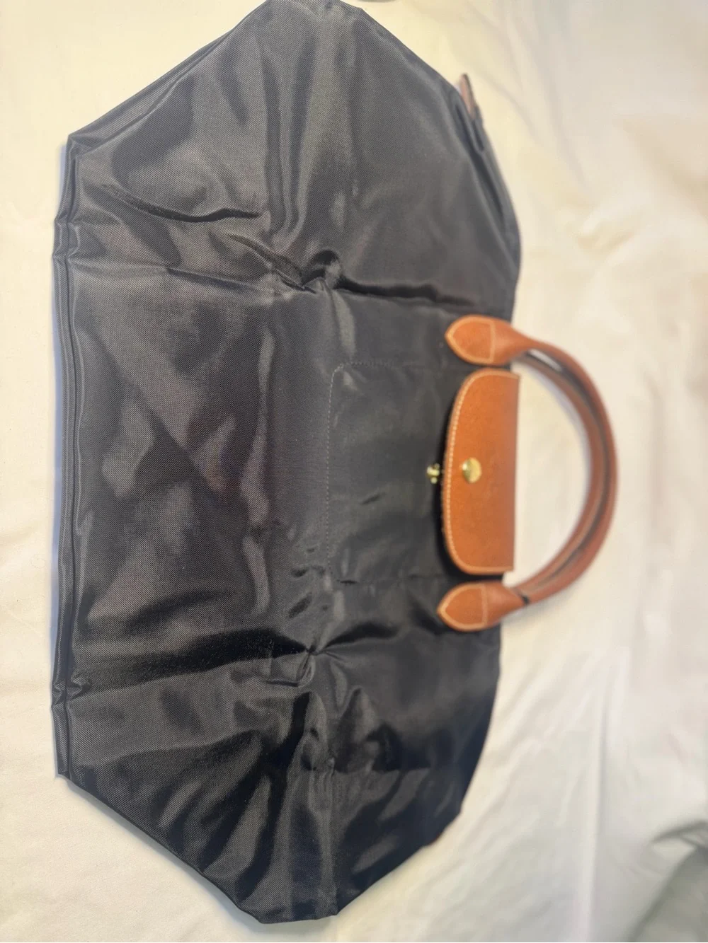 Longchamp Black Nylon Tote with Brown Leather Handles